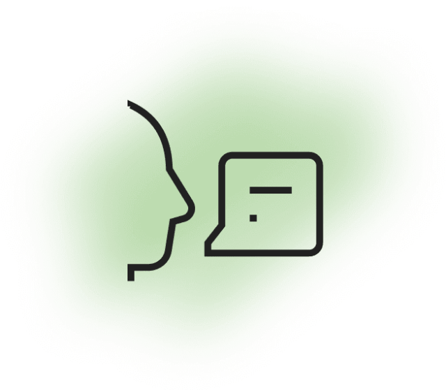 Schwarzes Kopfprofil-Icon mit Sprechblase und Textsymbolen vor hellem, grünlichem Hintergrund.